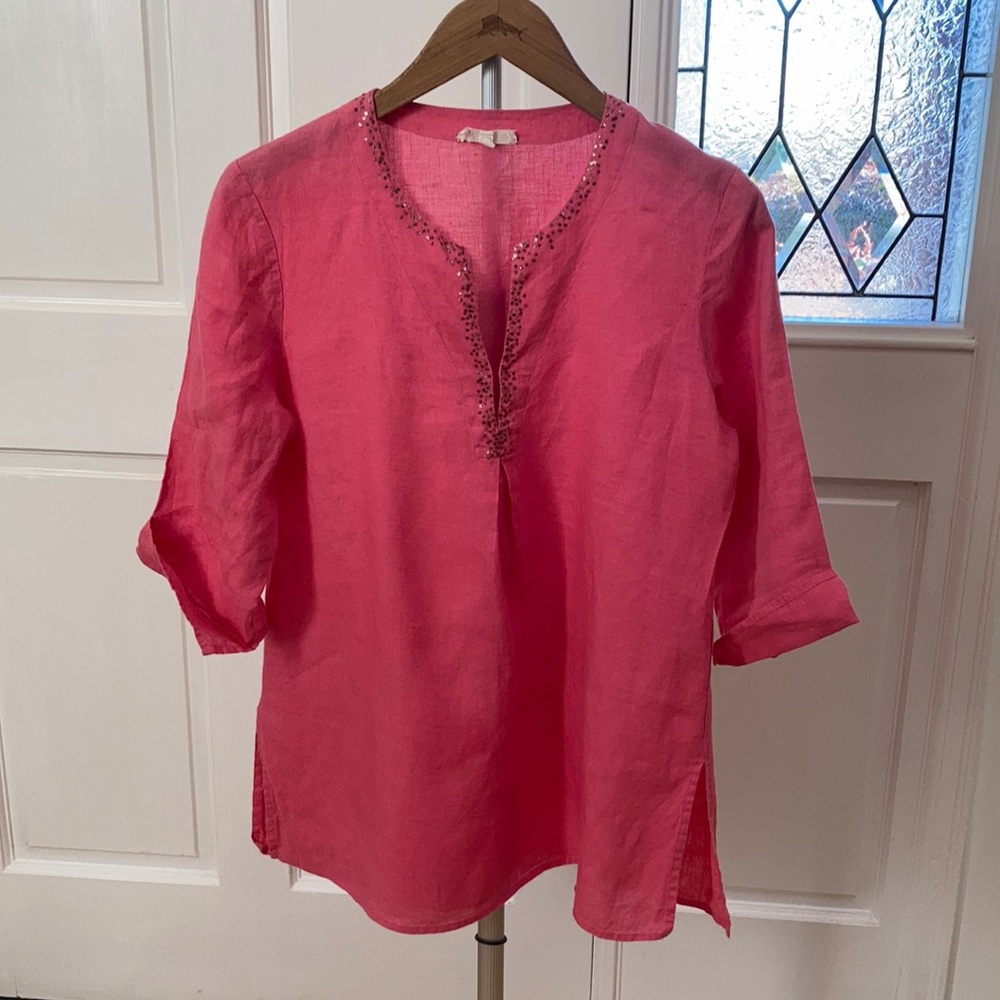 Eileen Fisher Linen tunic 100% Irish Linen with beaded interest S